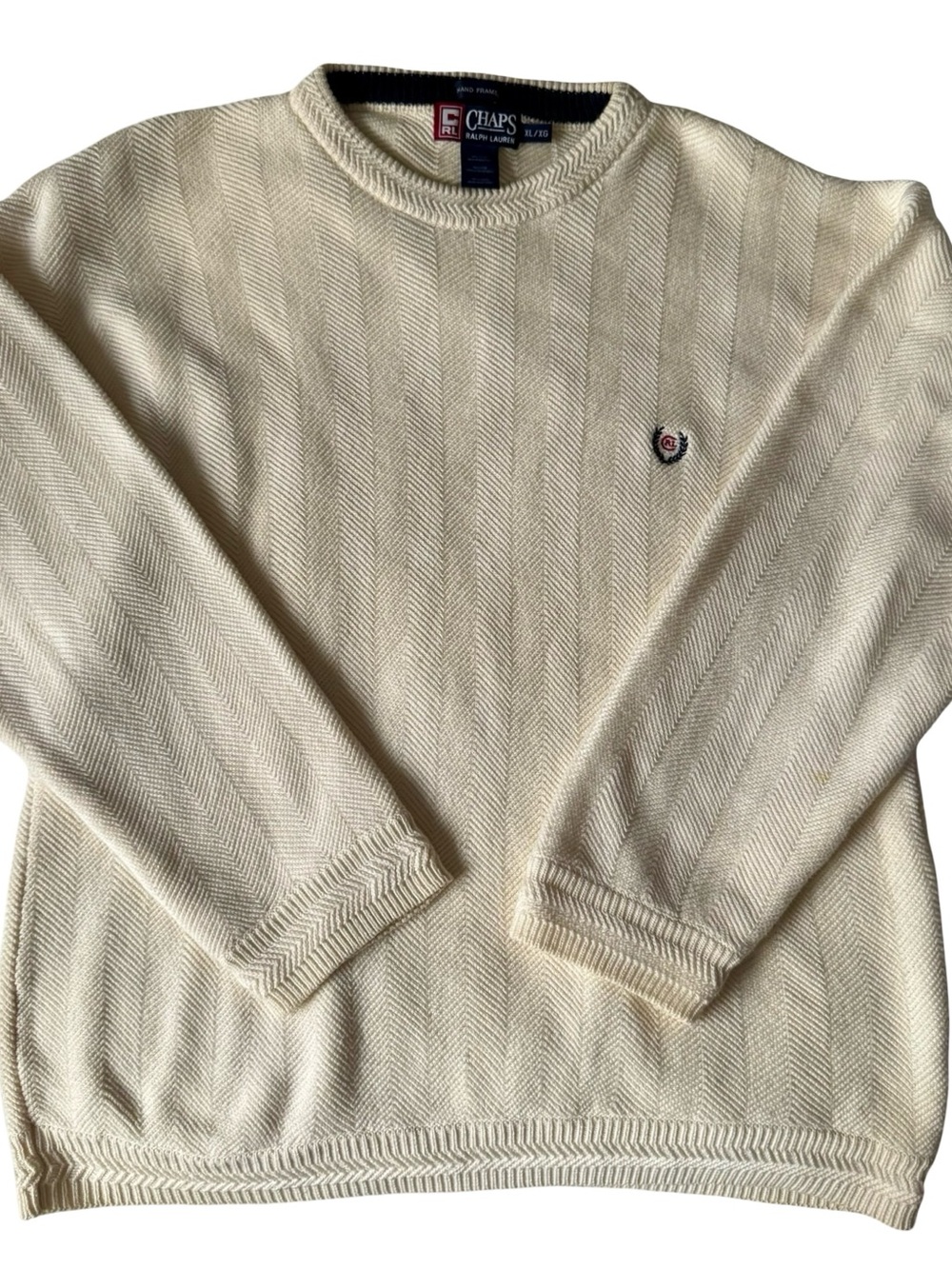 VTG Chaps Ralph Lauren Men's Ivory Herringbone Crewneck Cotton Sweater Size XL
